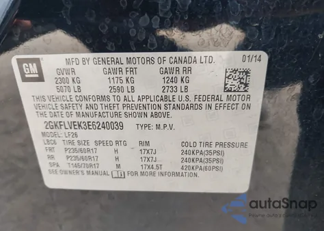 2014 GMC Terrain Sle-1 z USA, uszkodzony, nr VIN 2GKFLVEK3E6240039